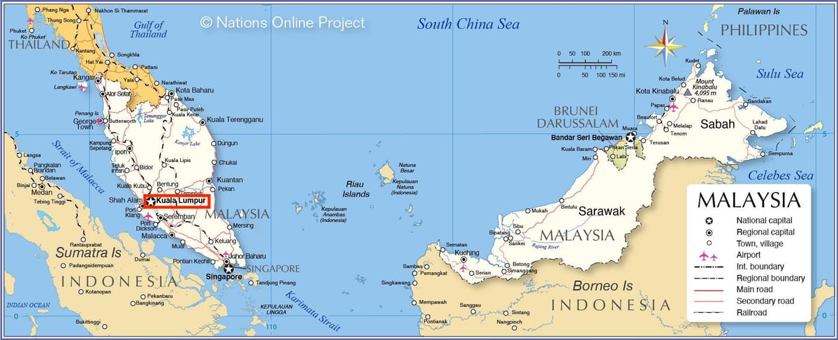 Kuala Lumpur (KL) sulla mappa della Malesia