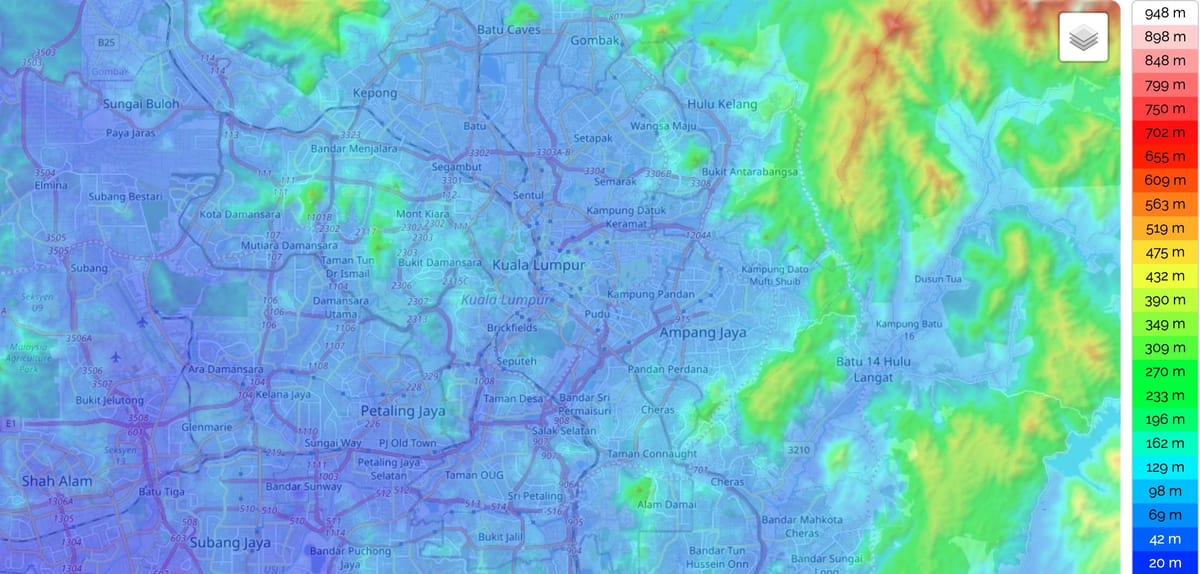 Mappa altimetrica di Kuala Lumpur (KL)