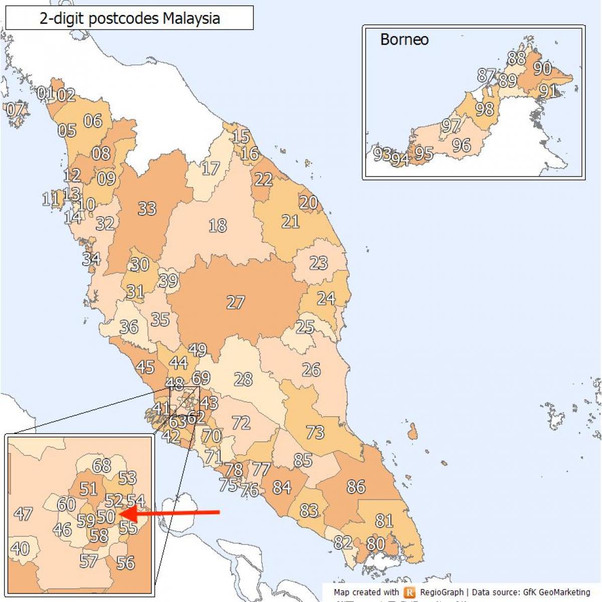 Mappa dei codici postali di Kuala Lumpur (KL)